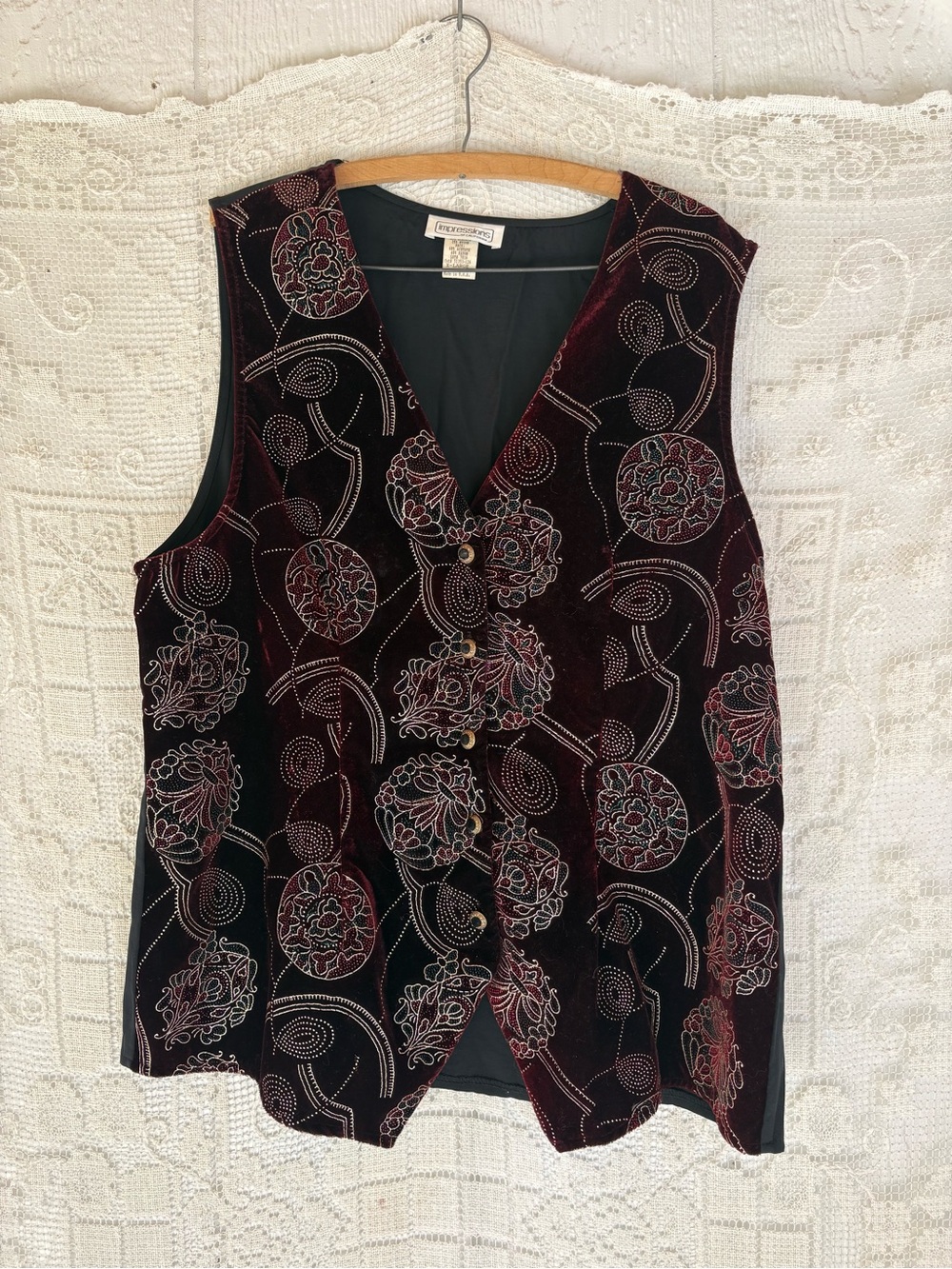 Vintage Velvet Floral Embroidered Vest - Burgundy & Black USA made